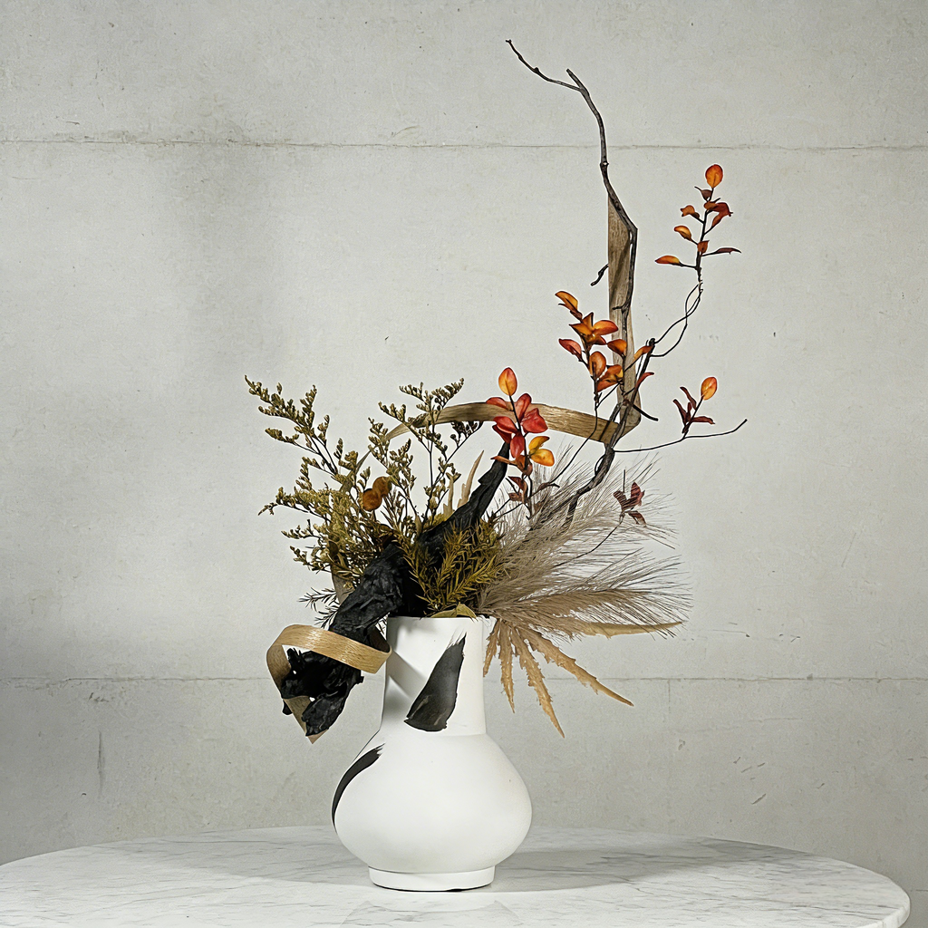 Unique Handmade Artificial Floral Art With Natural Wood Branch Arrangement In Ceramic Vase. Indoor Plant Gift For Home & Office