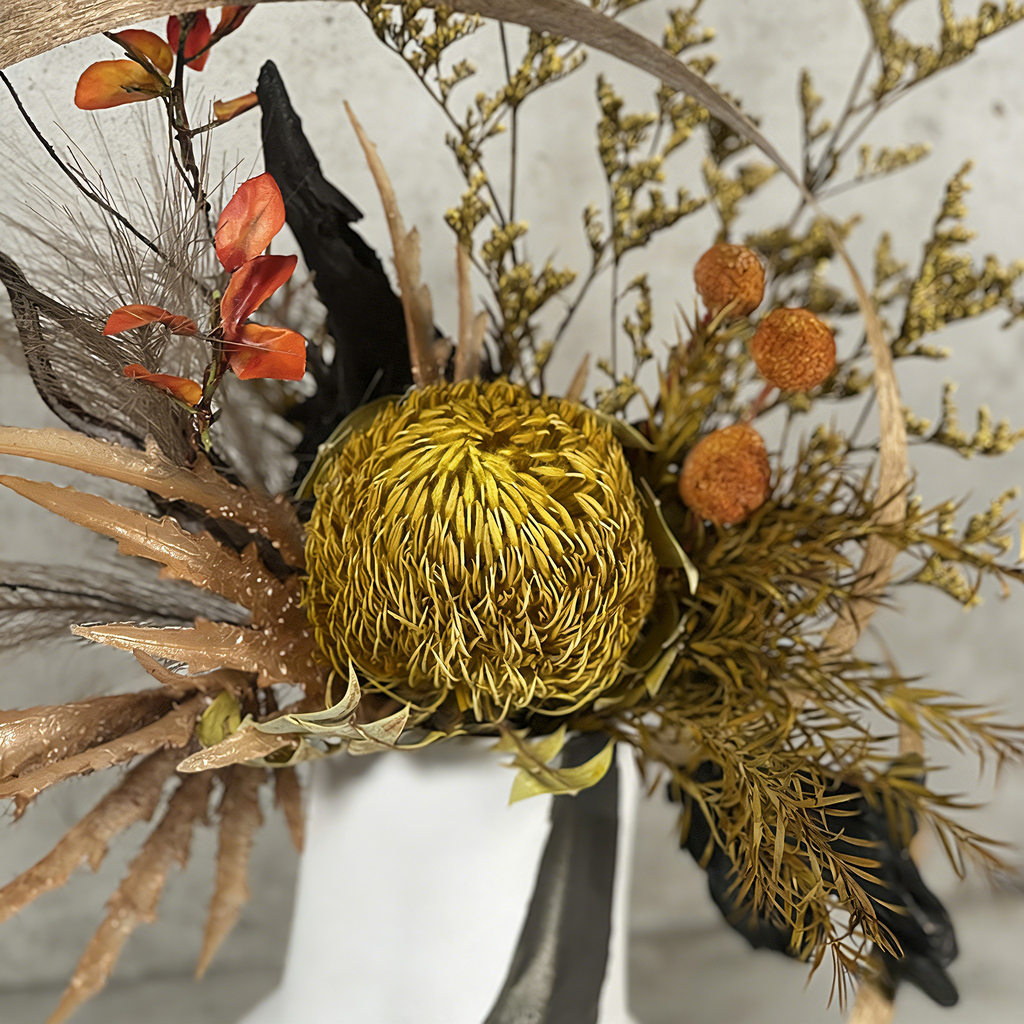 Unique Handmade Artificial Floral Art With Natural Wood Branch Arrangement In Ceramic Vase. Indoor Plant Gift For Home & Office
