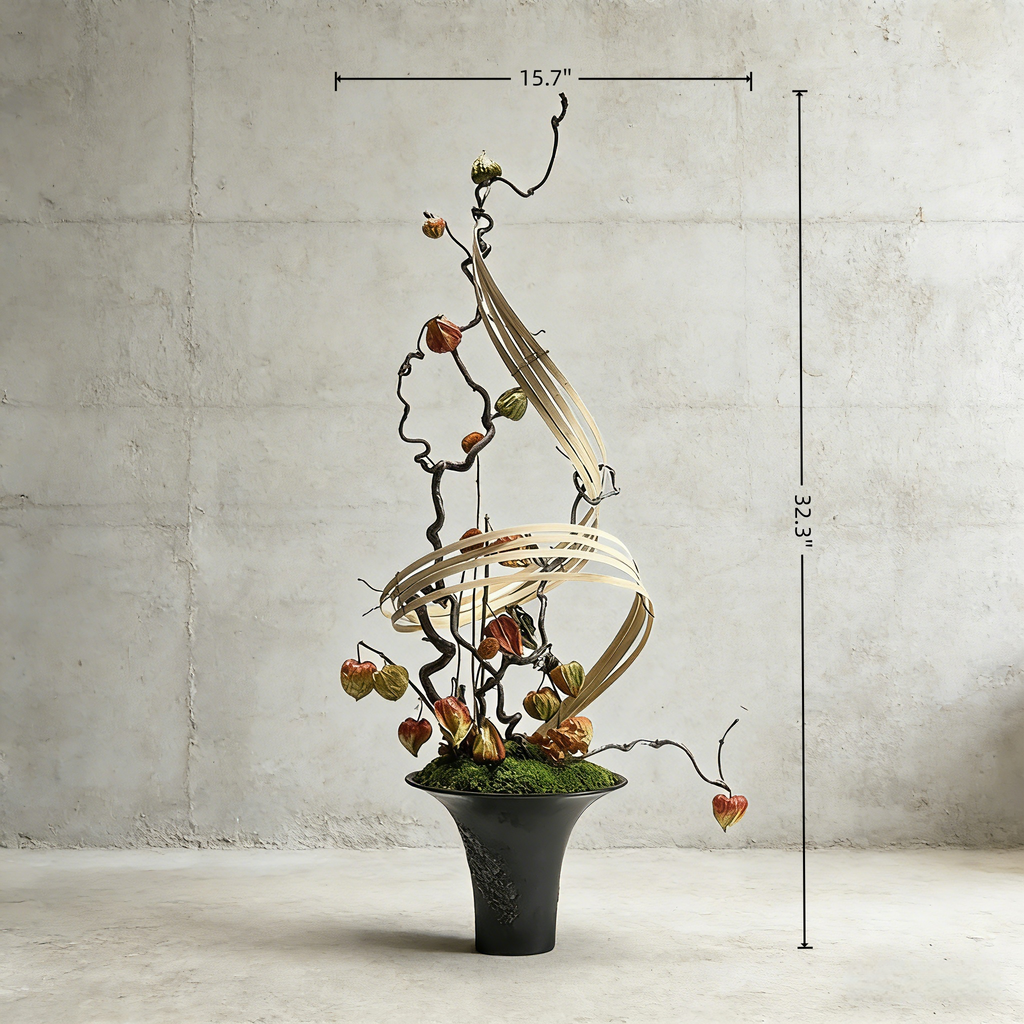 Handmade Preserved Moss With Artificial Floral, Natural Wood Arrangement In Ceramic Vase, Zen Decor for Home & Office. Indoor Plant Gift