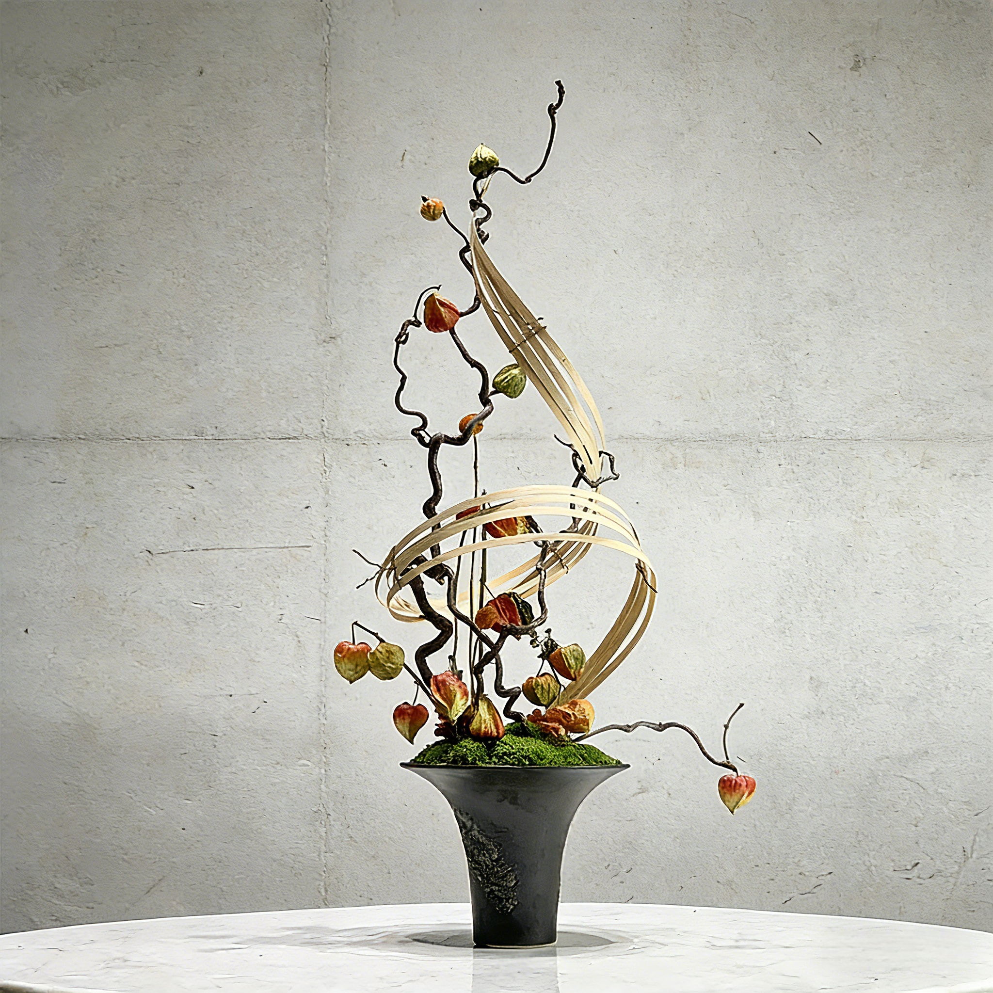 Handmade Preserved Moss With Artificial Floral, Natural Wood Arrangement In Ceramic Vase, Zen Decor for Home & Office. Indoor Plant Gift